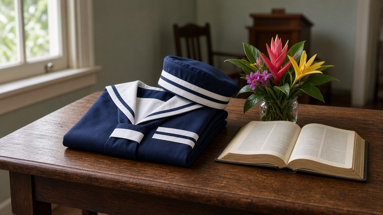 A neatly folded navy and white youth brigade-style uniform and hat on a wooden church hall table beside an open Bible and tropical flowers, no people