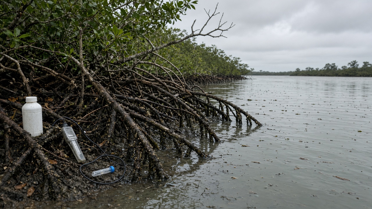 East Grand Bahama mangrove shoreline with tangled roots in shallow water, scientific sampling feel, no people, overcast daylight