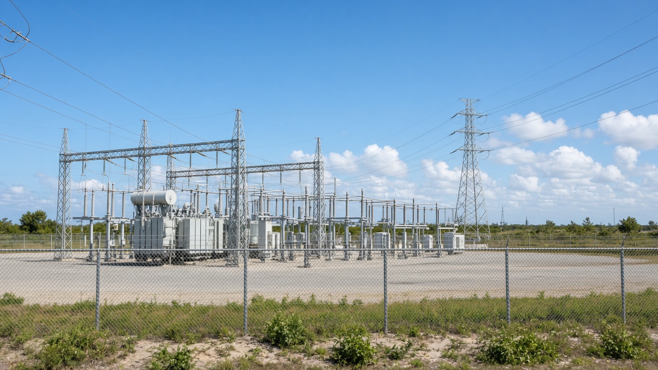 Industrial electrical substation and transmission lines on Grand Bahama under a bright sky, chain-link perimeter, no workers and no readable signs