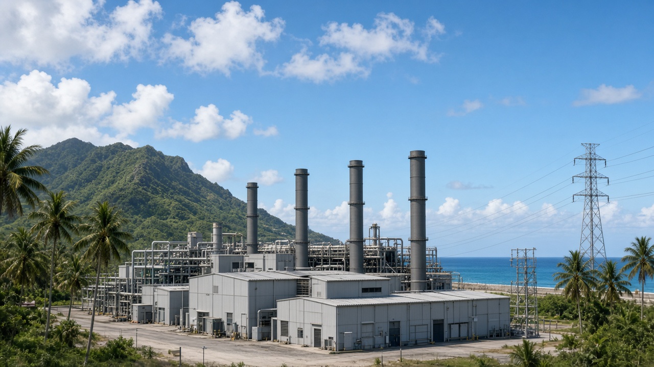 An industrial electric power plant on Grand Bahama with generator buildings, exhaust stacks and transmission lines under a clear sky