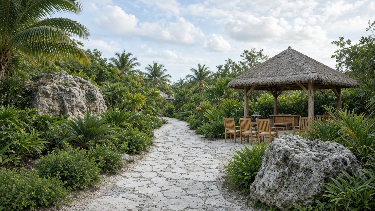 Outdoor nature-center garden path on Grand Bahama in soft daylight: empty chairs suggesting a pinning-ceremony gathering vibe, green foliage and a quiet path, no people