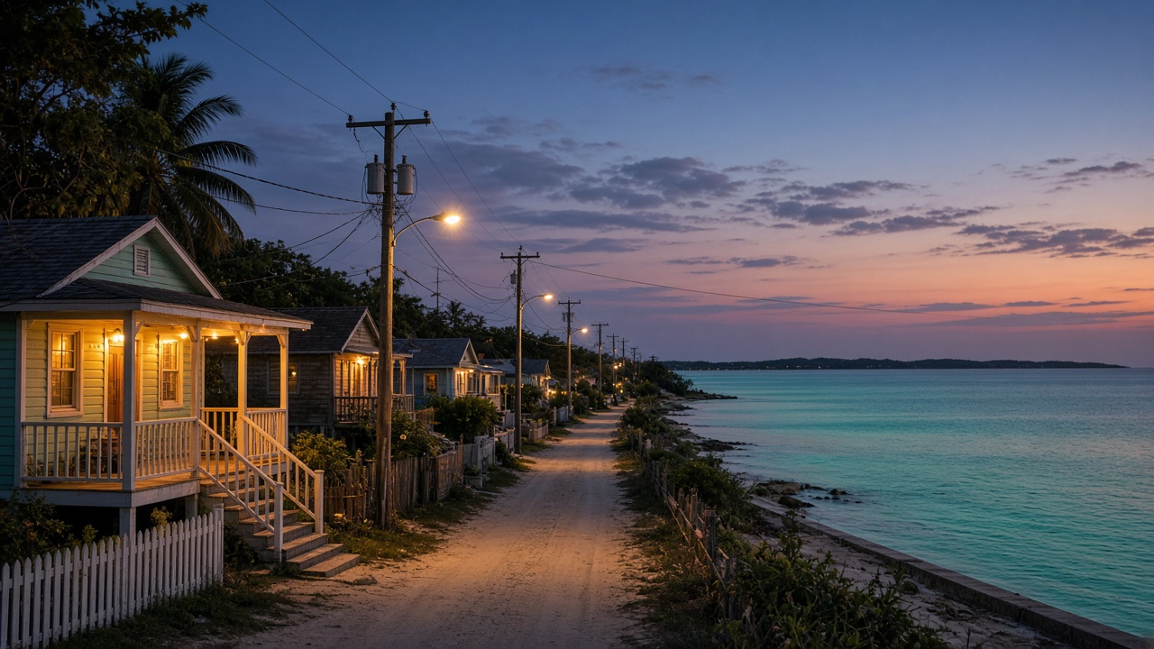 Great Guana Cay settlement at dusk with porch lights and streetlights coming back on after an outage, utility poles, turquoise sea beyond, no people