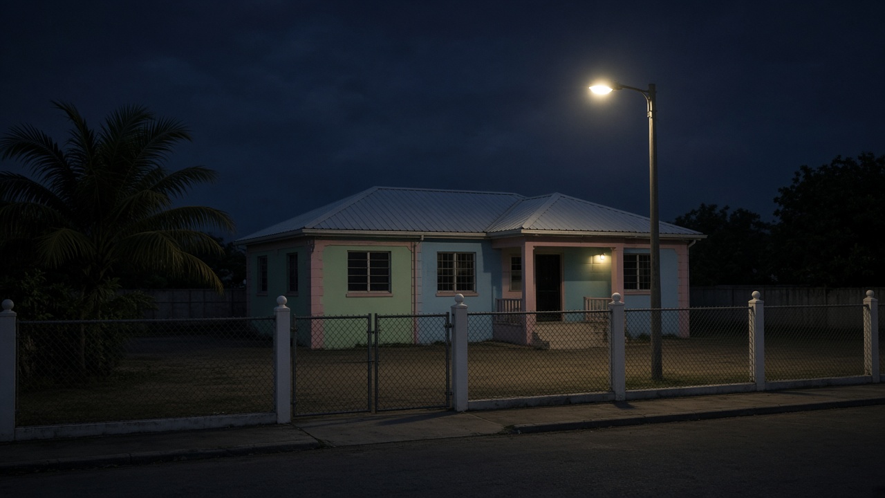 A small pastel-coloured Bahamian island police station on a quiet Harbour Island street at night, an empty fenced yard beside it, no people