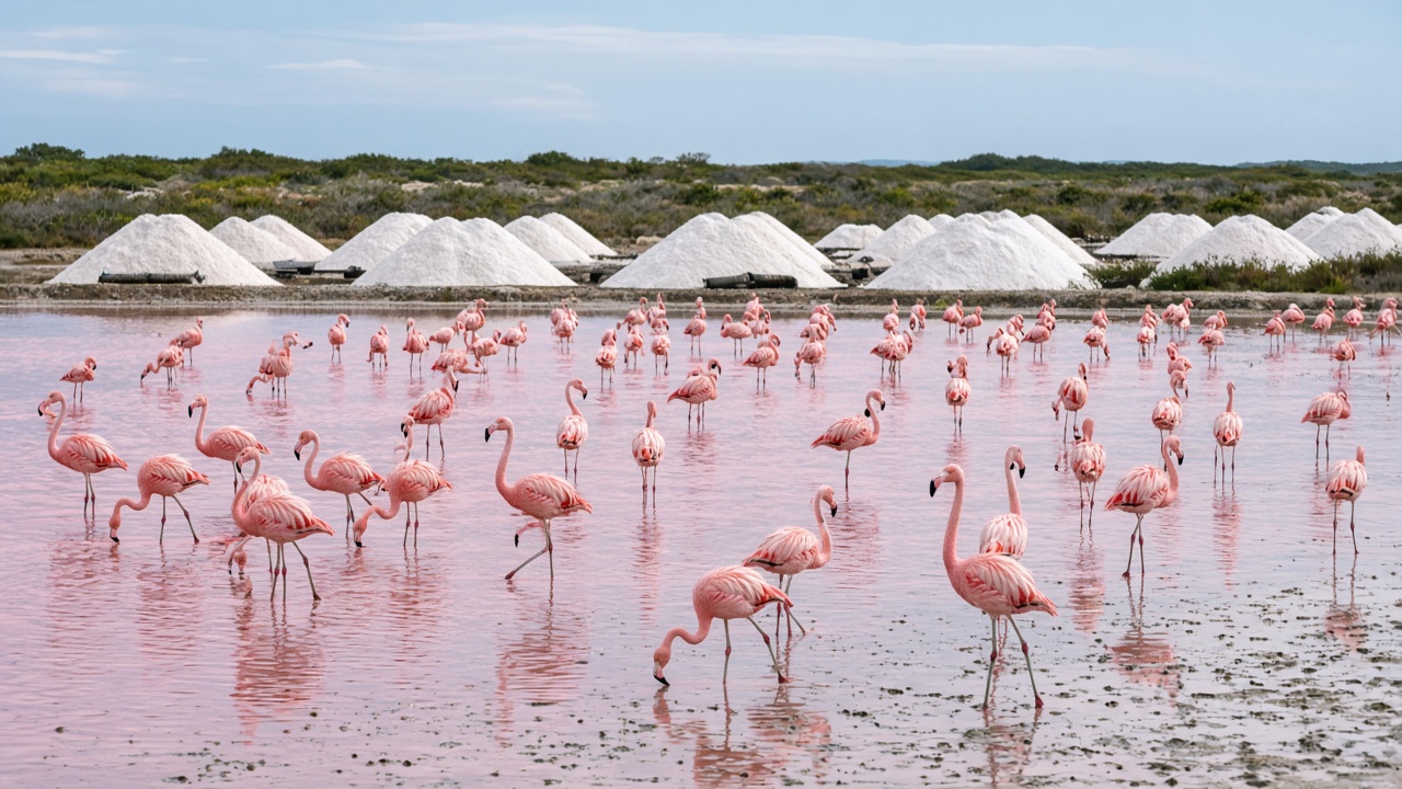 A large flock of pink West Indian flamingos wading in shallow pink-tinted salt ponds on Inagua, flat scrubland and white salt mounds in the distance