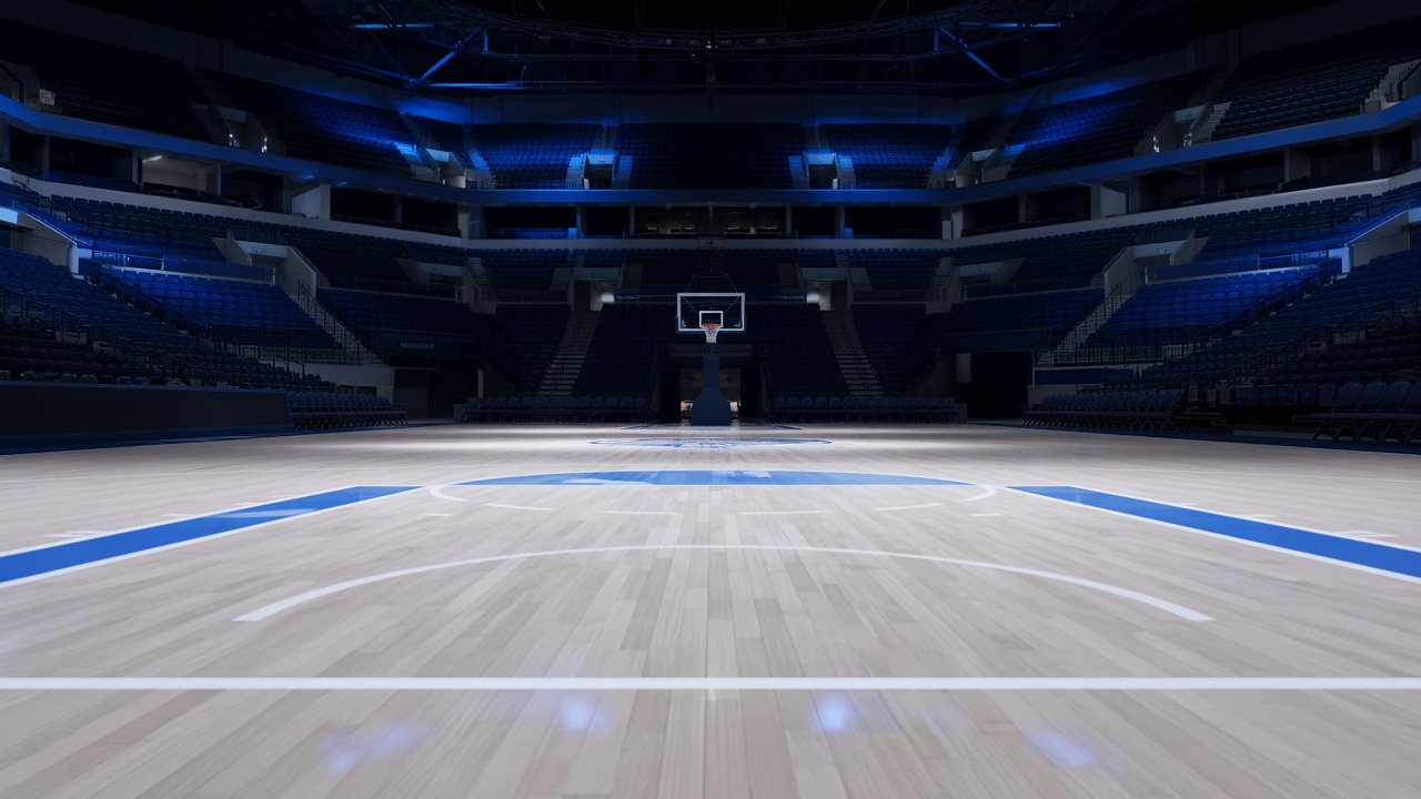 Wide shot of a professional women’s basketball arena court from behind the baseline, empty court after a game, blue and white lighting, no identifiable players, no logos