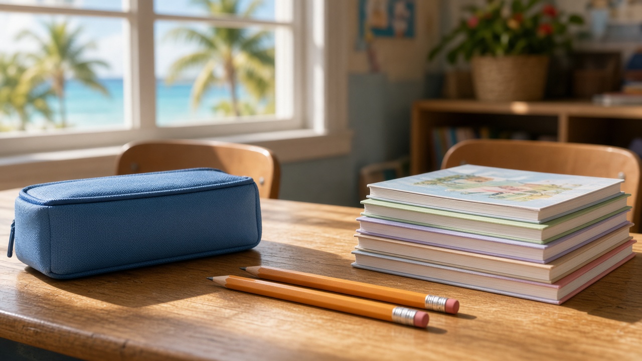A primary school student planner, sharpened pencils and a small stack of children’s workbooks on a sunlit wooden classroom desk in The Bahamas, no people