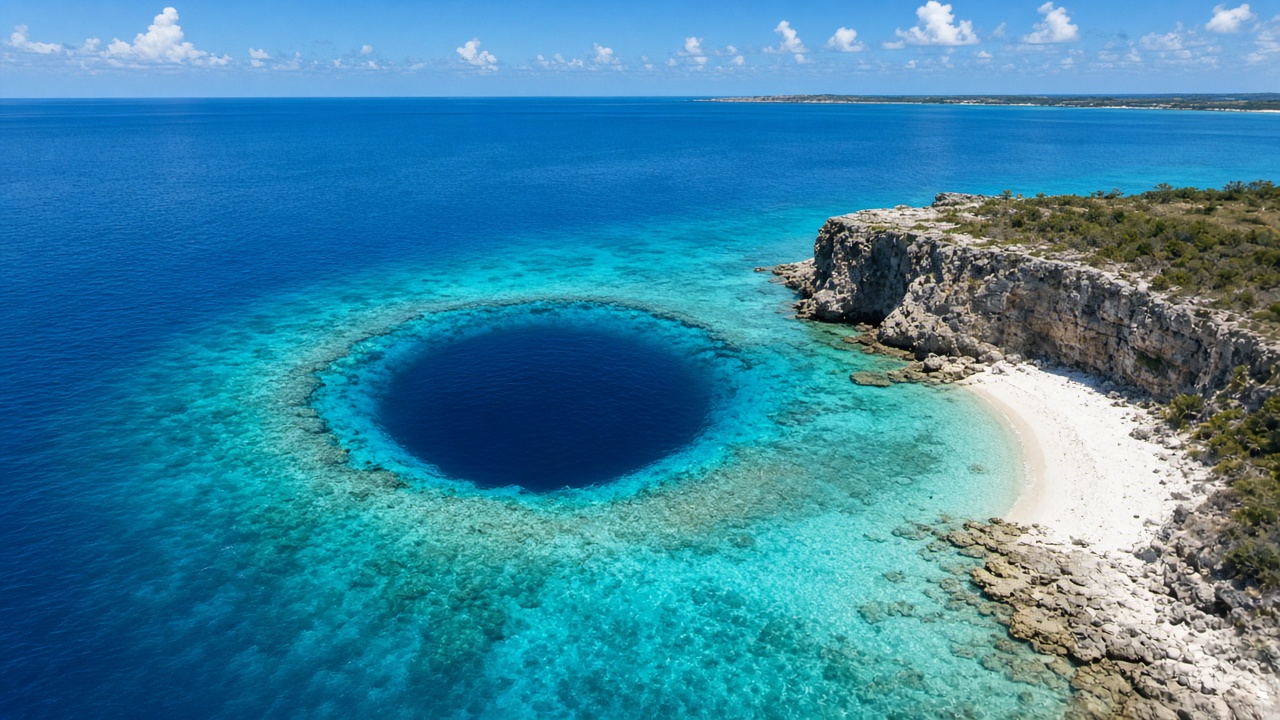 Dean’s Blue Hole on Long Island: a deep dark-blue circular hole in turquoise shallows, bordered by a white sand beach and limestone cliff
