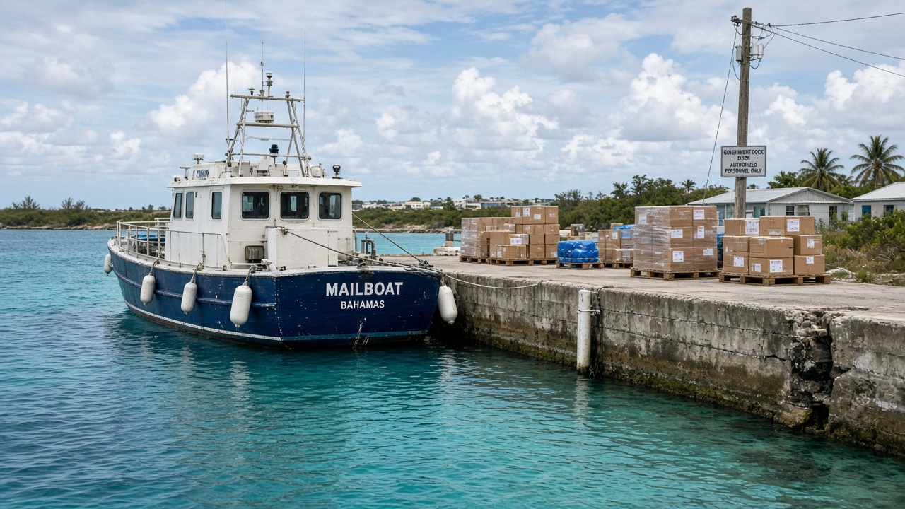 A small Bahamian freight mailboat tied up at a modest concrete government dock on a Family Island, pallets and boxes on the dock, calm water, daytime