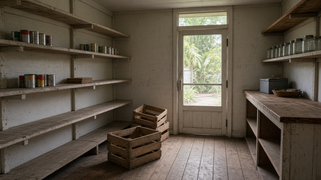 Interior of a small Family Island grocery shop on Long Island with mostly bare wooden shelves, a few unlabeled cans, empty produce crates on the floor, soft daylight through a screen door, no people and no readable labels
