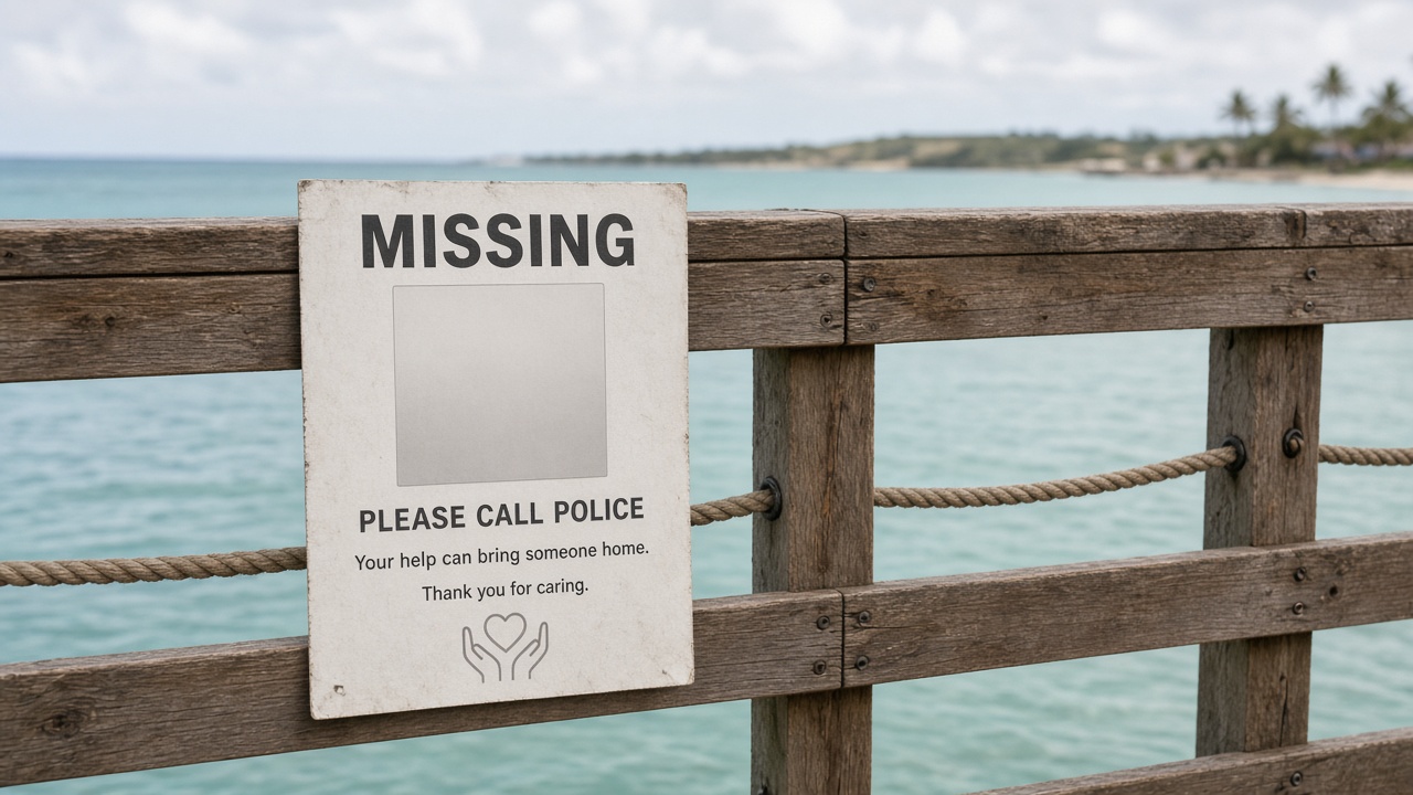 Respectful missing-person community notice board style poster on a wooden pier railing in Grand Bahama: blank faded photo silhouette rectangle, text reading only MISSING and PLEASE CALL POLICE, soft daylight, no real face, no name printed large, compassionate tone