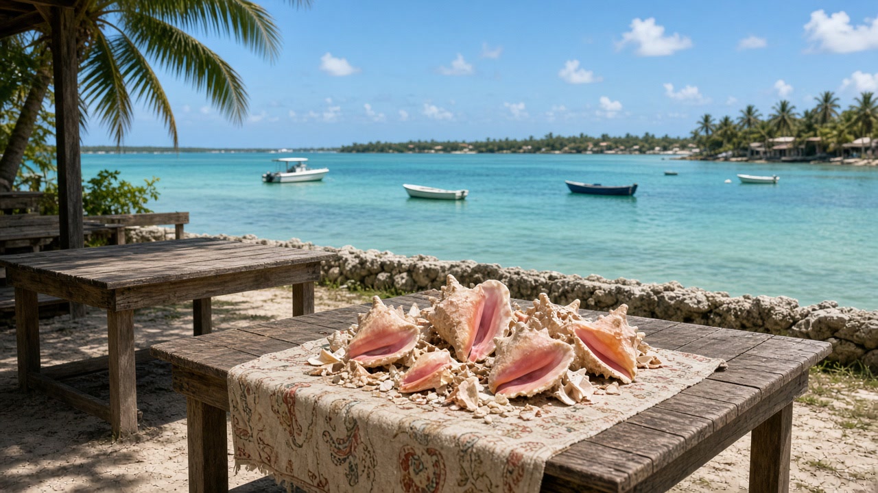 East End Grand Bahama waterfront festival tables empty after an event, conch shells arranged as an artistic still life near the shore under soft daylight, no people
