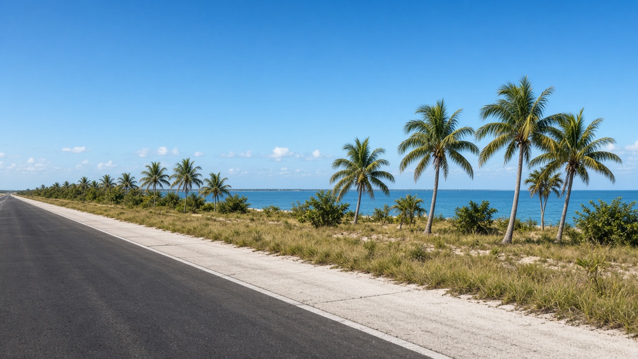 Empty tropical airport runway edge near Nassau under clear late-morning sky: palm fringe, blue water in the distance, no aircraft close-up, no people, no readable signs