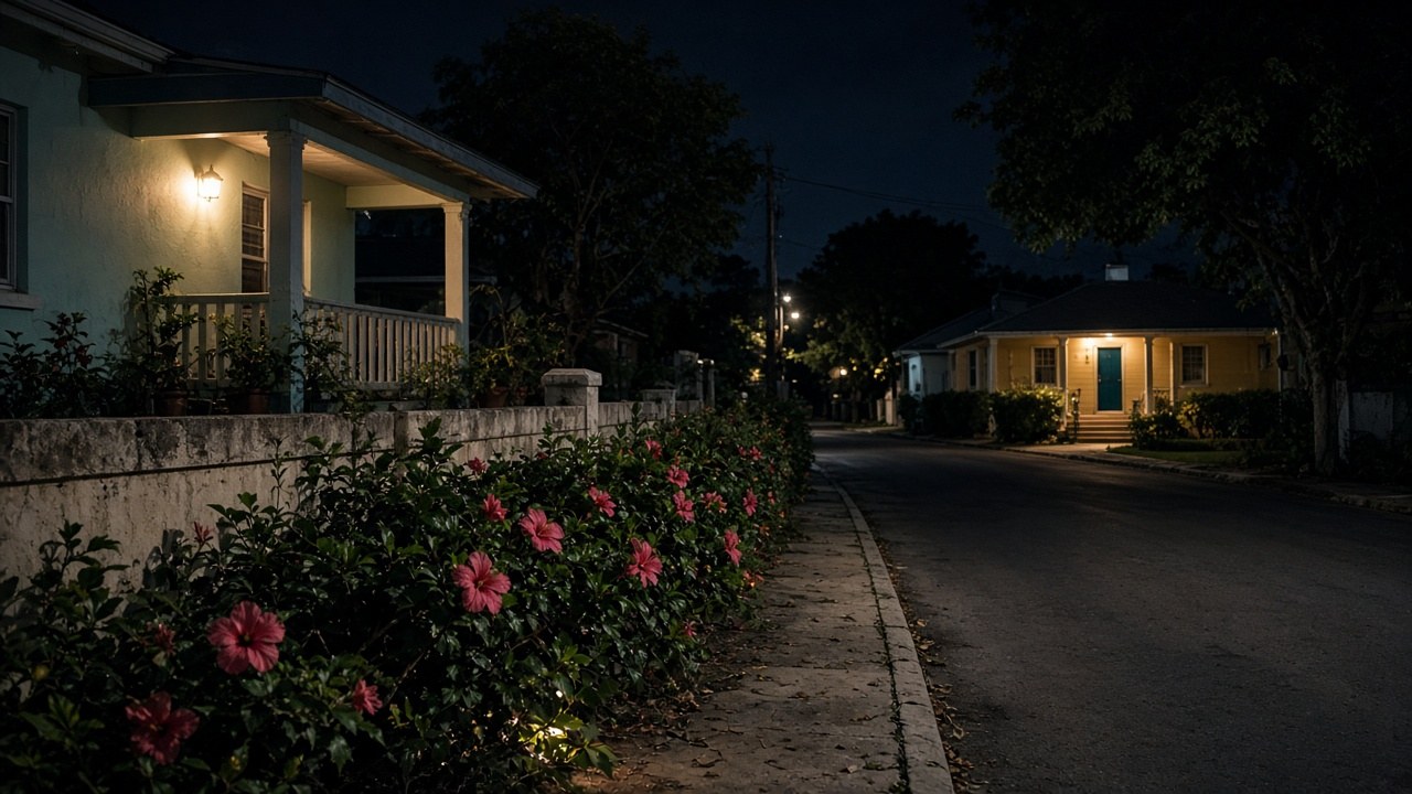 A quiet Nassau residential street at night with pastel single-storey homes, porch lights and a hibiscus hedge, no people