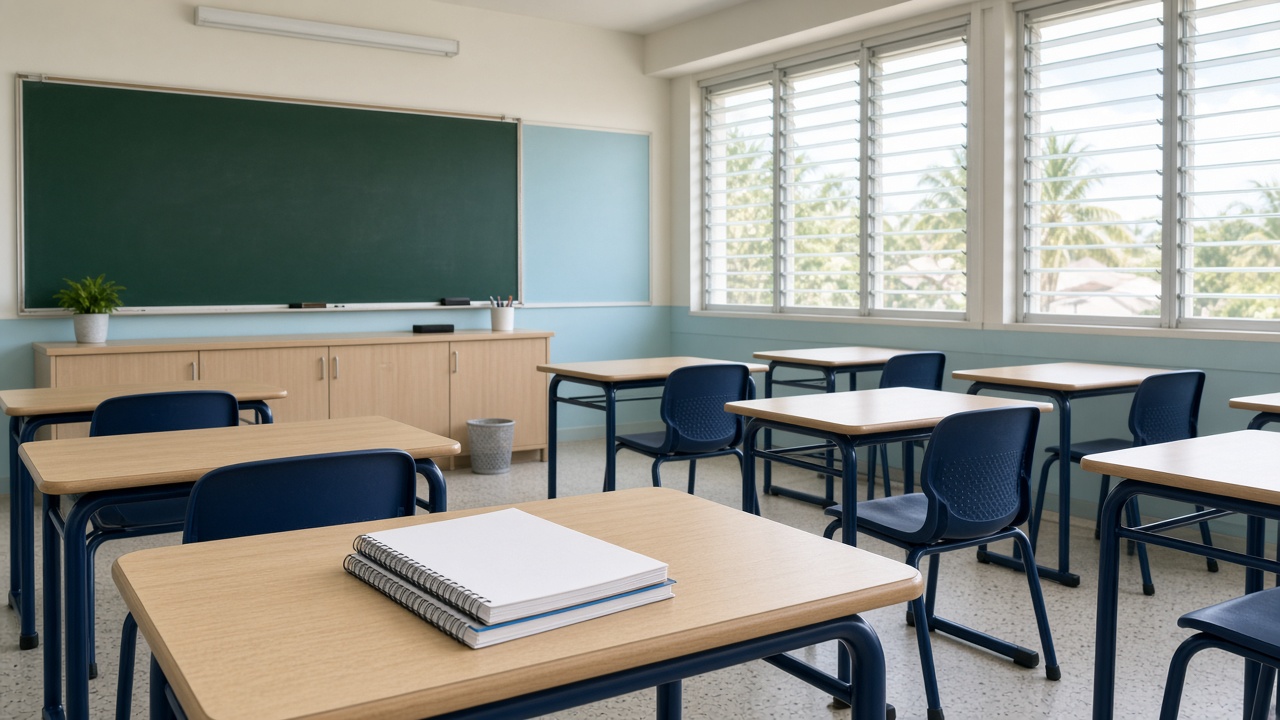 Bright empty Bahamian high-school classroom desk with notebooks and a blank chalkboard ready for a finance lesson, soft daylight through jalousie windows, no people and no readable text