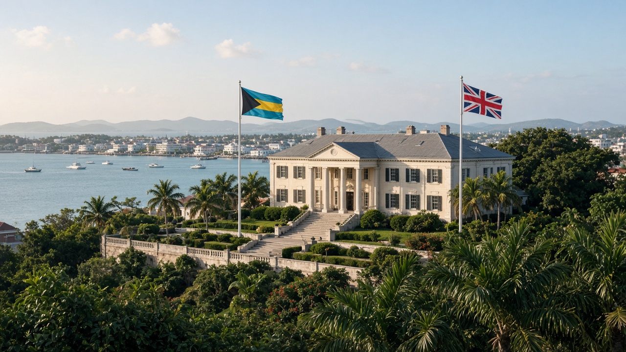 Nassau harbour and Government House grounds from a respectful distance, Bahamas and Union flags on poles (accurate Bahamas flag), soft morning light, no people, no readable banners