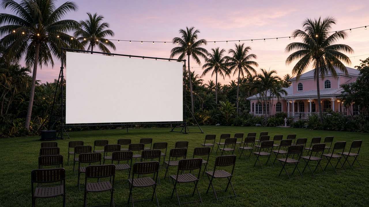 Outdoor tropical film-screening setup in Nassau at soft dusk: blank white screen on a temporary frame facing empty folding chairs on a lawn, palms and a low pastel building behind, warm string lights unlit, no logos, no people and no readable text