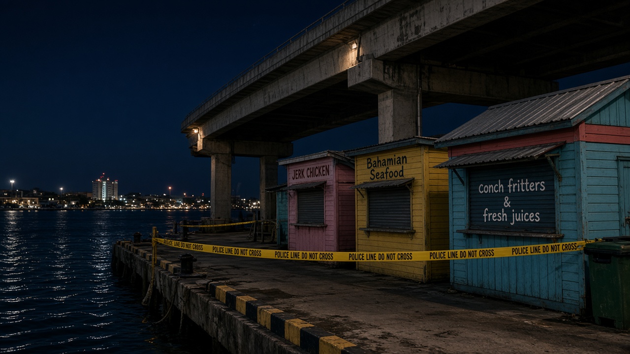 Potter’s Cay Dock area on East Bay Street, Nassau, at night: closed vendor stalls under the bridge to Paradise Island, police tape across an empty road, no people shown