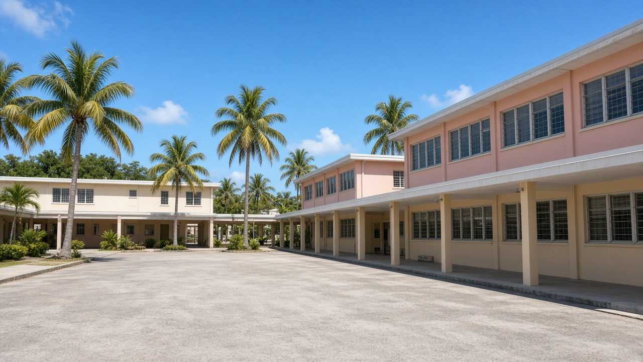 A generic Bahamian public senior high school exterior in Nassau: two-storey pastel concrete classroom blocks with covered walkways, an empty paved courtyard, palms and a clear sky, no signs, no people
