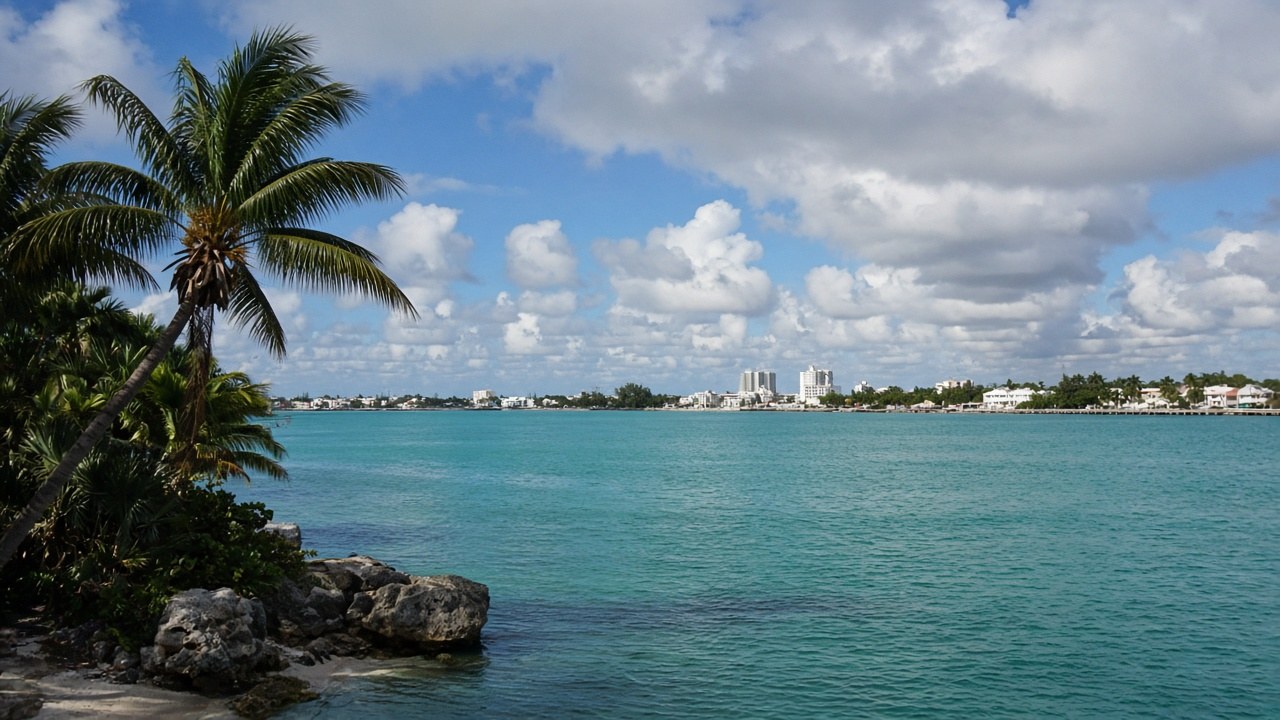 A quiet Nassau harbour vista on a partly cloudy Wednesday: turquoise water, distant low skyline, soft northeast breeze ruffling palms, no boats branded and no people