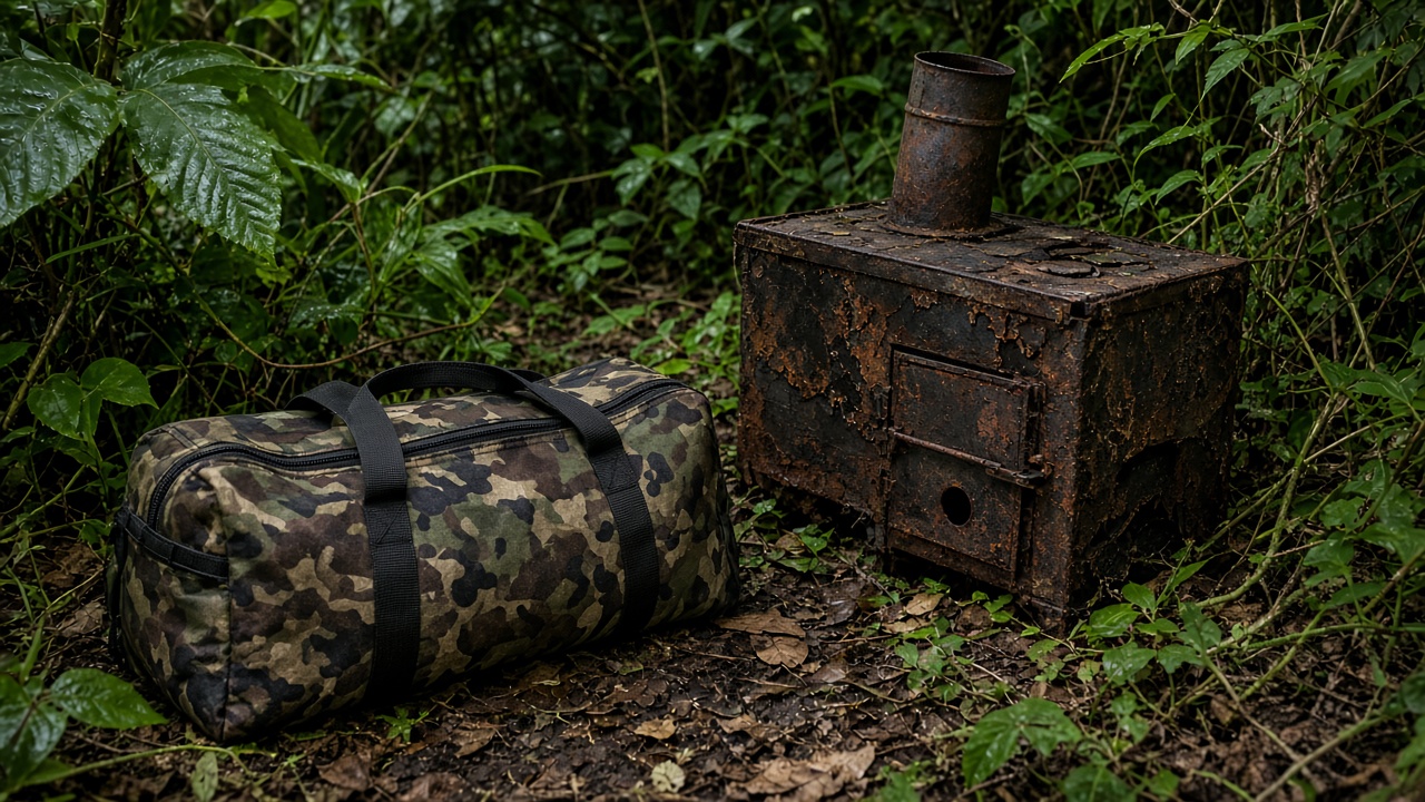 Police evidence photo-style image of a camouflage duffel bag on the dusty ground beside a rusted abandoned kitchen stove in overgrown bush, no people