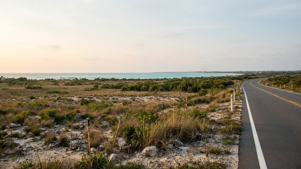 Wide empty coastal scrubland along a New Providence highway corridor prepared as a future hospital campus: survey stakes, soft morning light, distant turquoise horizon, no people and no logos