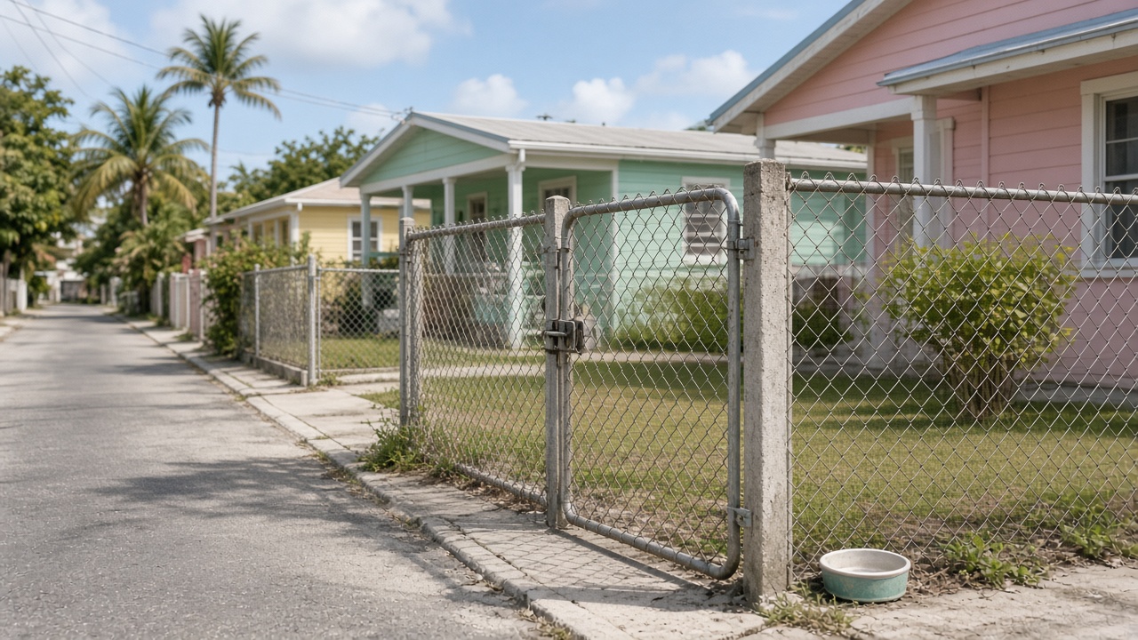 A quiet residential street in Nassau with pastel single-storey homes and a chain-link fence around a small front yard, an empty dog bowl by the gate, bright daylight, no people and no animals