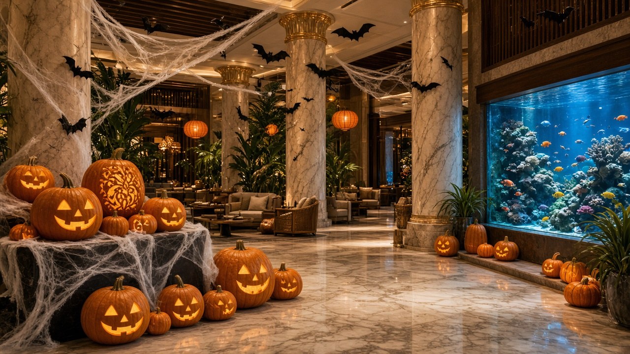 A tropical resort lobby decorated for Halloween with jack-o’-lanterns, cobwebs and paper bats beside a glowing aquarium wall, no people