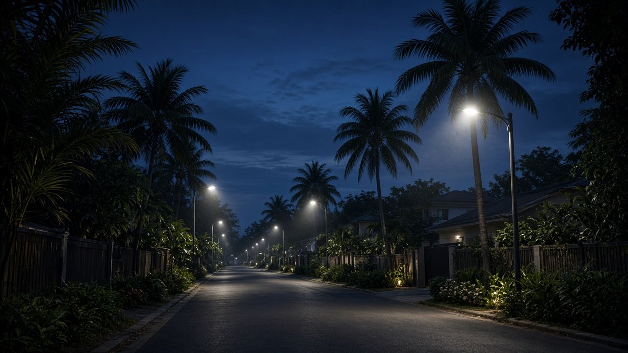 AI-generated illustration of a quiet tropical residential street at night
