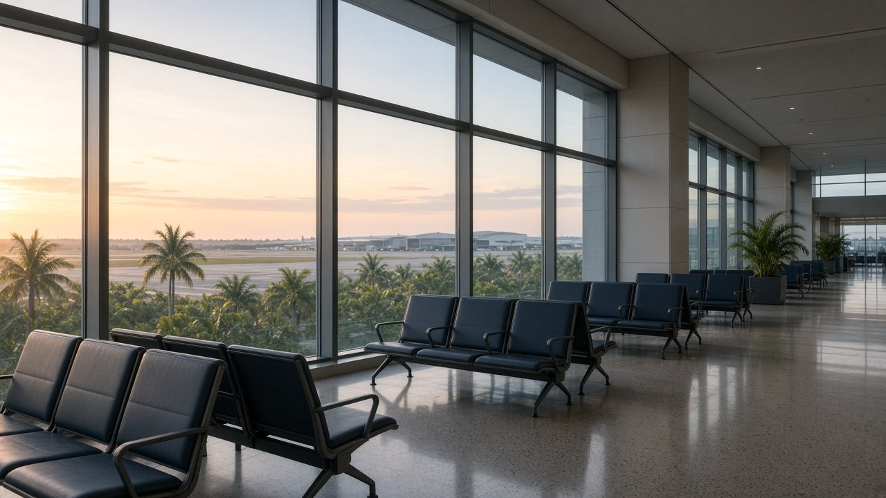 AI-generated illustration of an empty modern airport terminal at dawn
