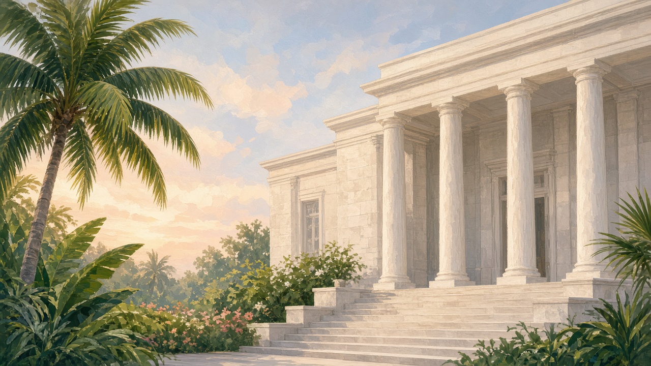 AI-generated illustration of a quiet tropical courthouse exterior at dawn