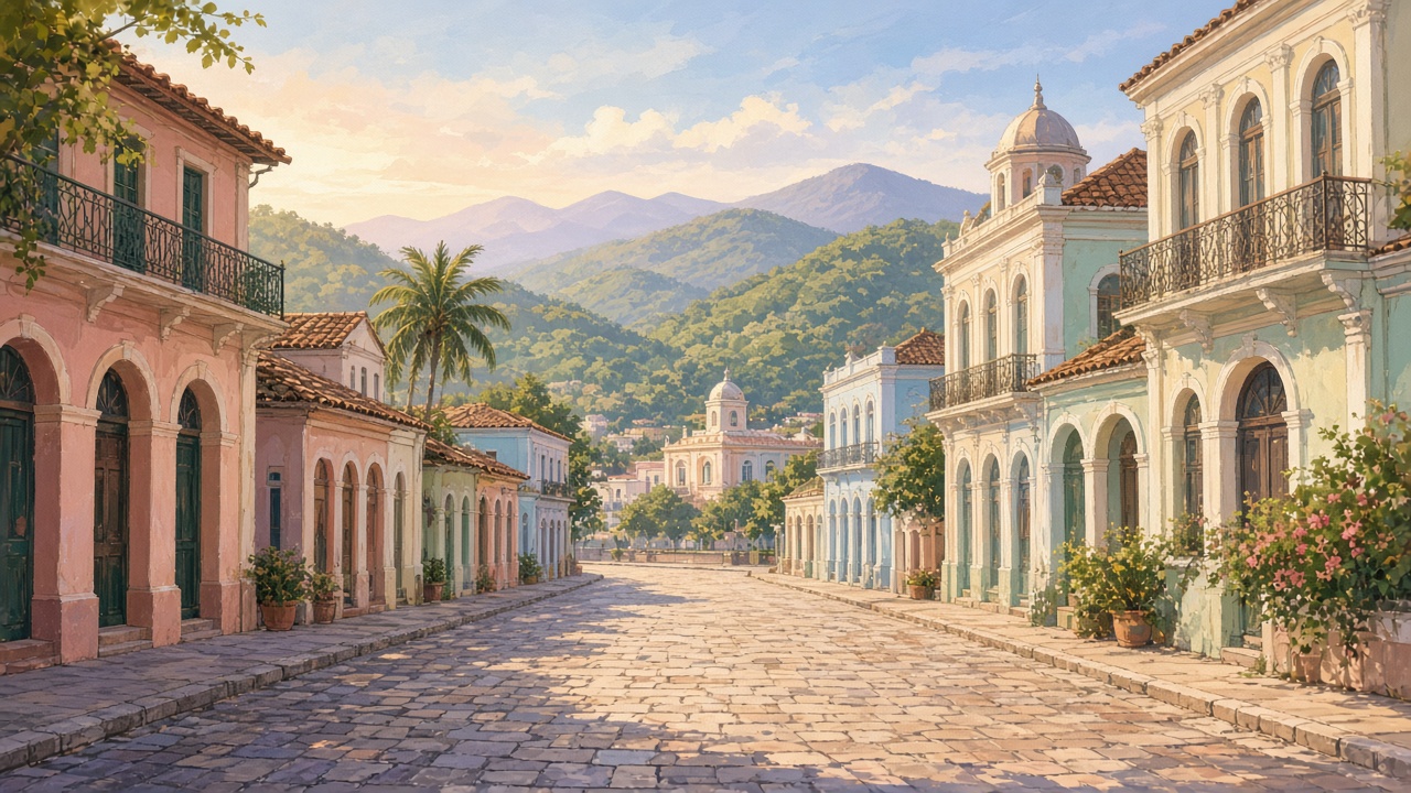 AI-generated illustration of an empty downtown Caribbean street with government buildings