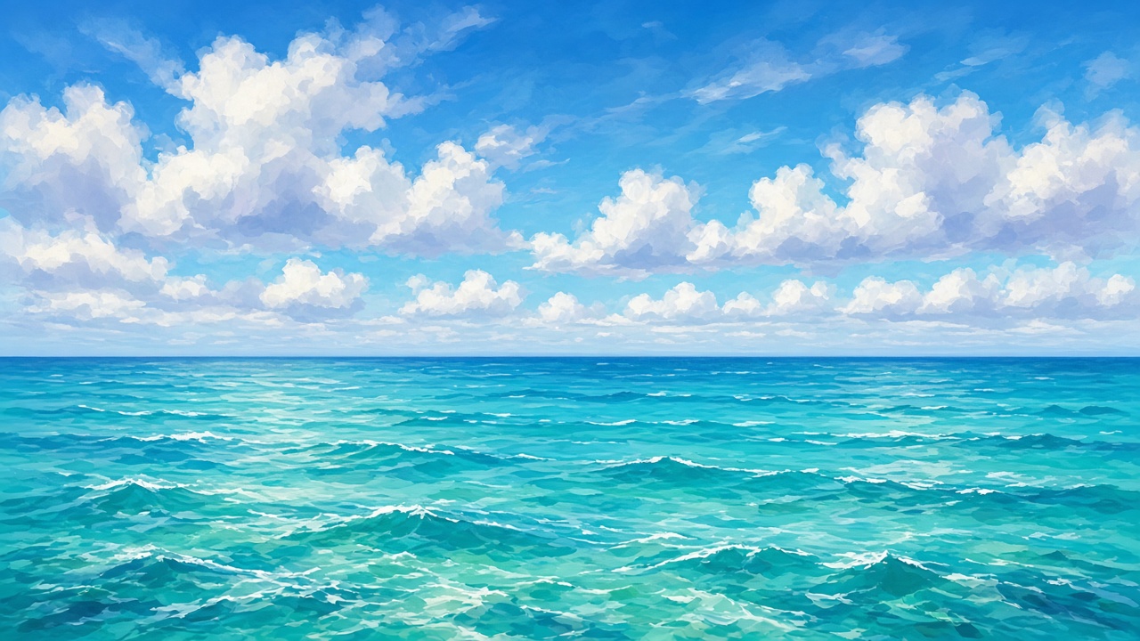 AI-generated illustration of a calm turquoise Caribbean sea under partly cloudy skies