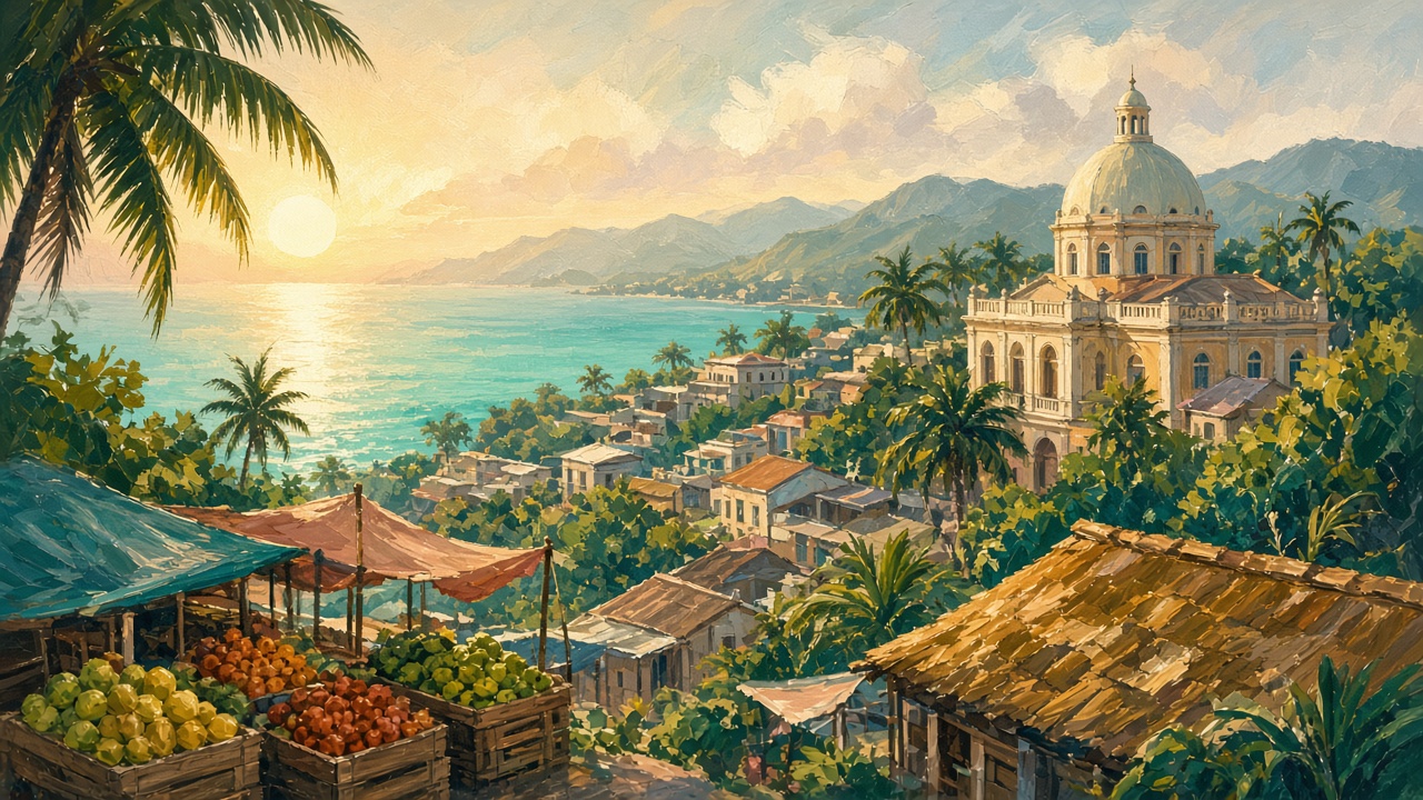 AI-generated illustration of a Caribbean coastal market and town at sunrise