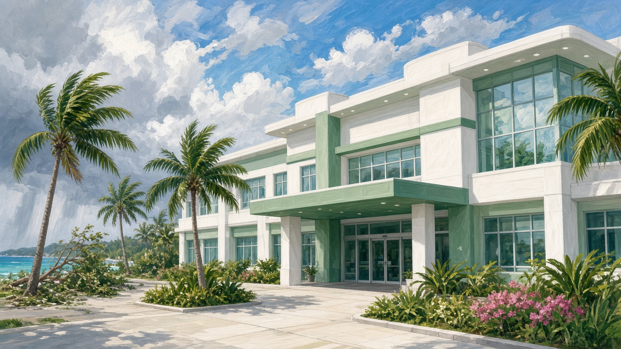 AI-generated illustration of a modern Caribbean hospital exterior with palm trees