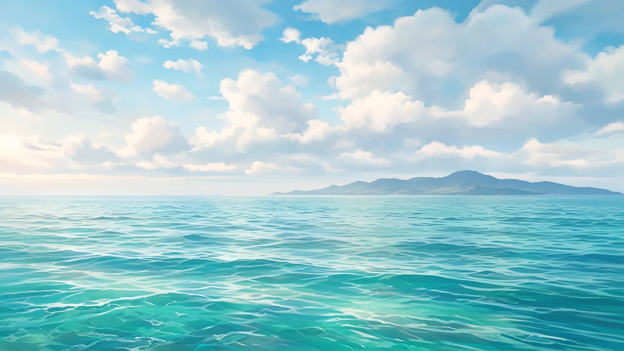 AI-generated illustration of a calm turquoise Caribbean sea under partly cloudy skies