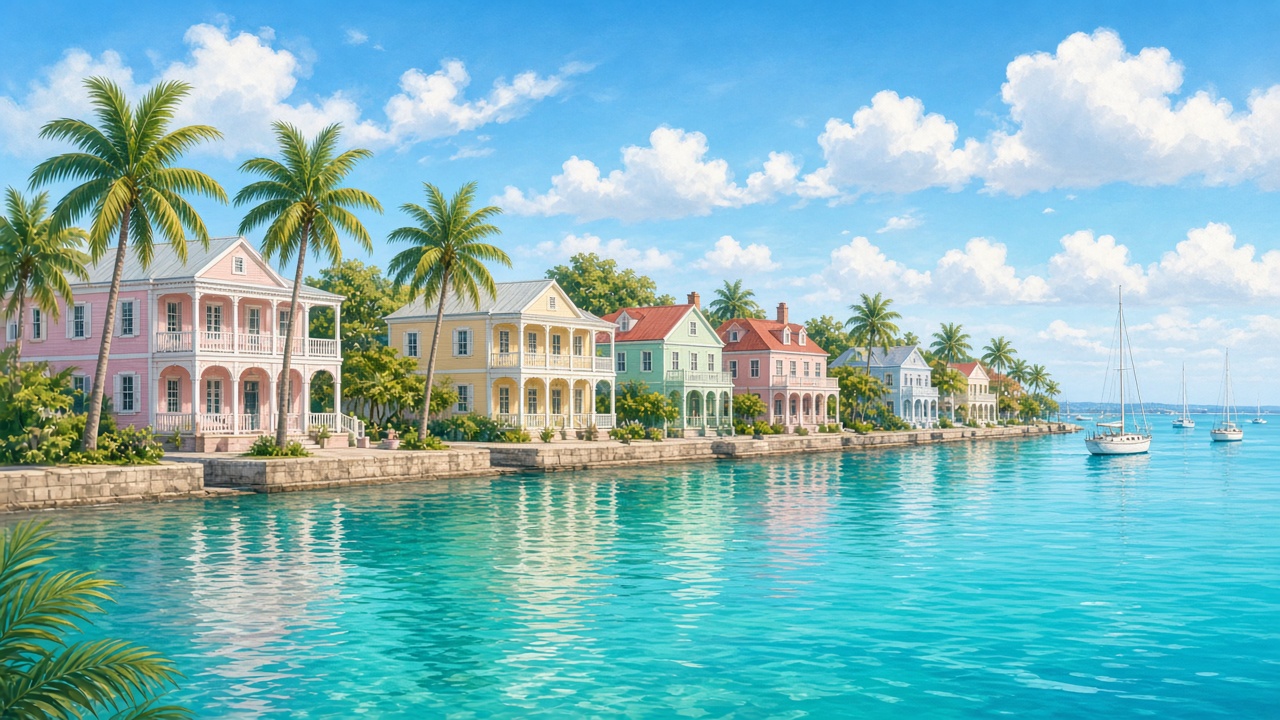 AI-generated illustration of a pastel Caribbean waterfront harbour