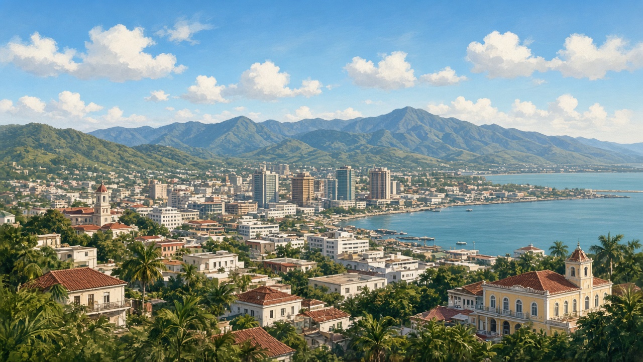 AI-generated illustration of a Caribbean coastal city with mountains