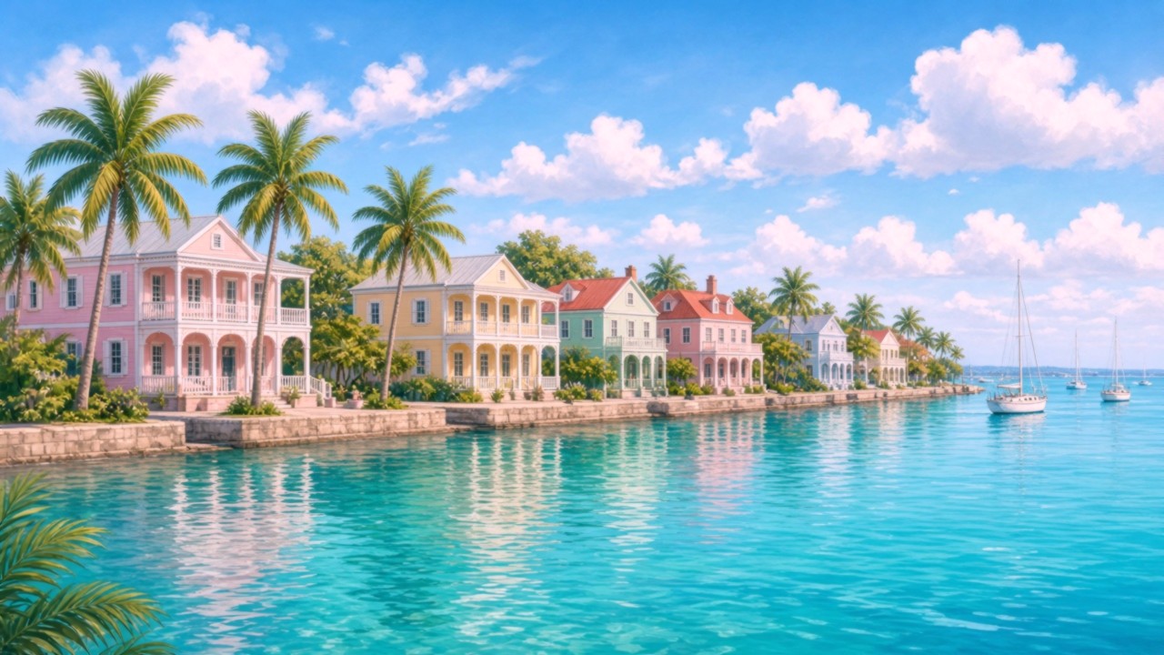 AI-generated illustration of a pastel Bahamian island shoreline under soft daylight
