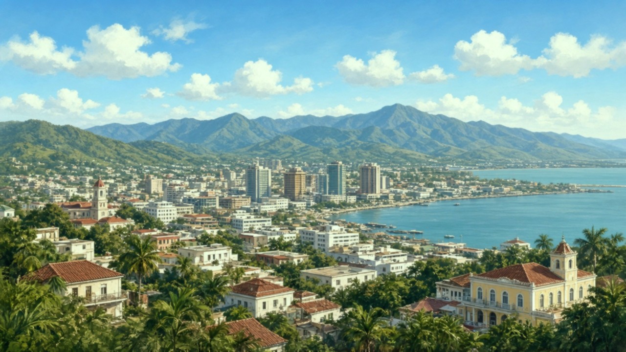 AI-generated illustration of a Caribbean city hillside with soft afternoon light