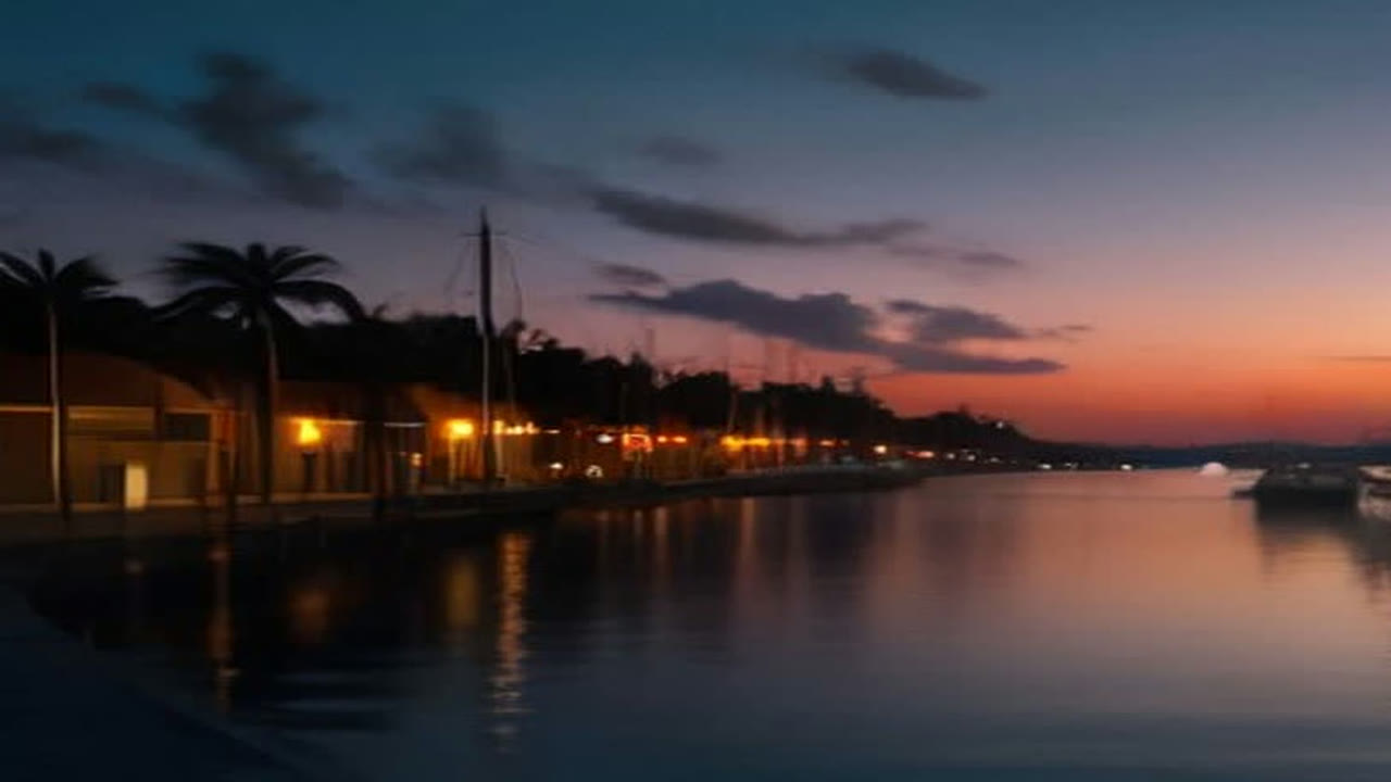 AI-generated illustration of a quiet Nassau harbor at twilight