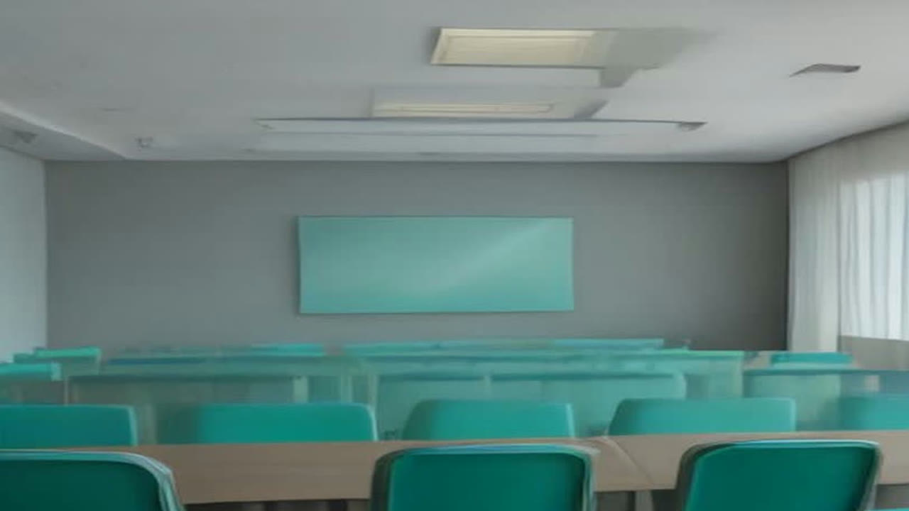 AI-generated illustration of an empty medical conference room overlooking the sea