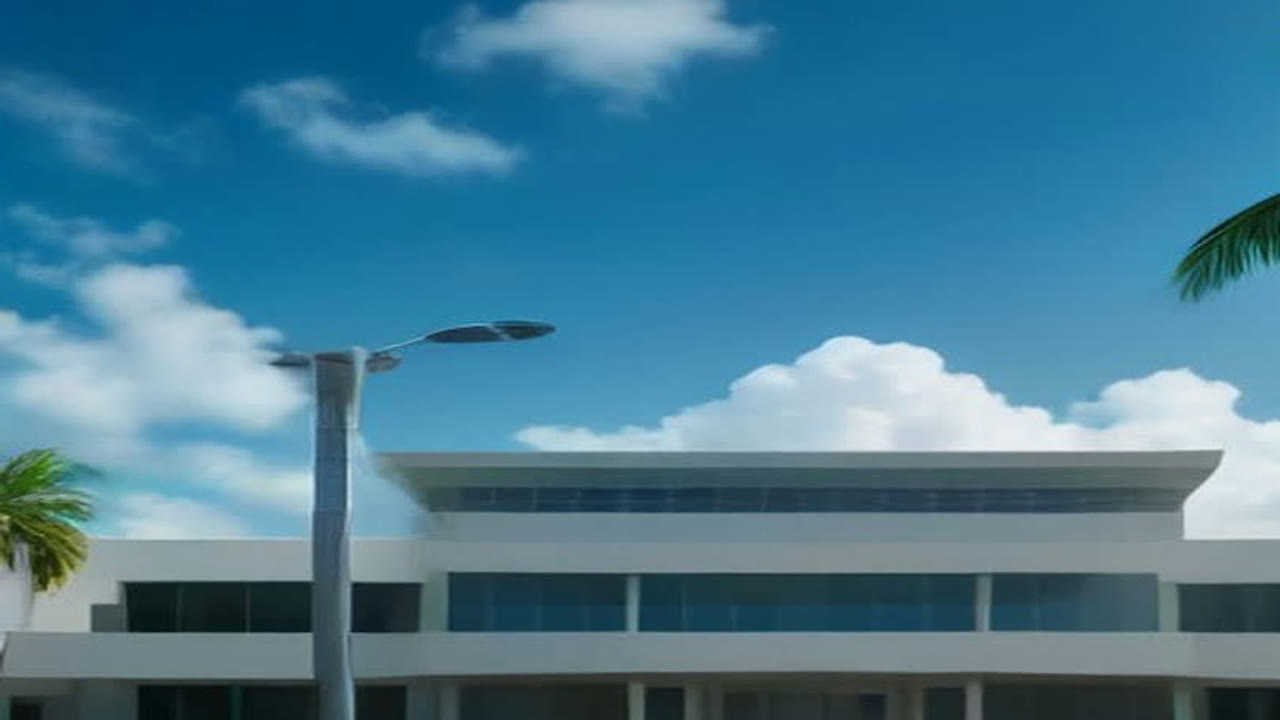 AI-generated illustration of a modern Caribbean government building