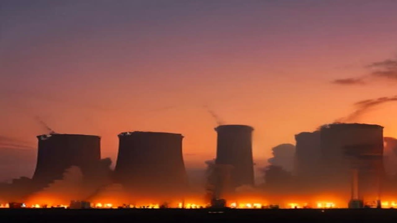 AI-generated illustration of industrial power infrastructure at dusk