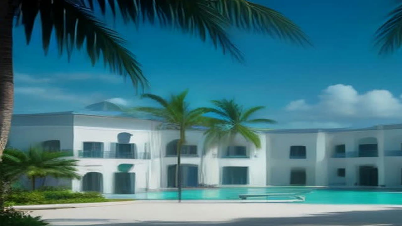 AI-generated illustration of a tropical courtyard near turquoise water
