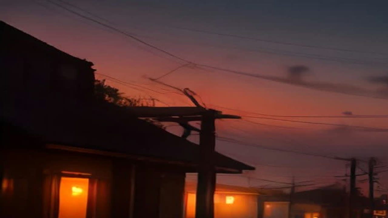 AI-generated illustration of a Caribbean neighborhood at dusk with utility lines