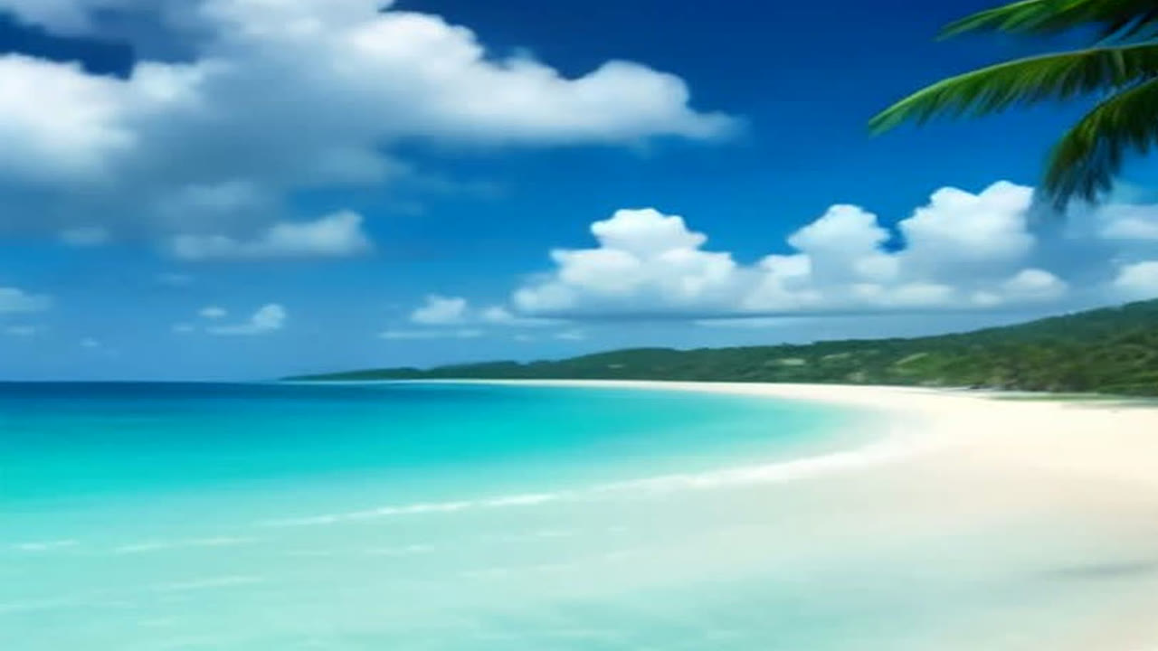 AI-generated illustration of a calm Caribbean shoreline under partly cloudy skies