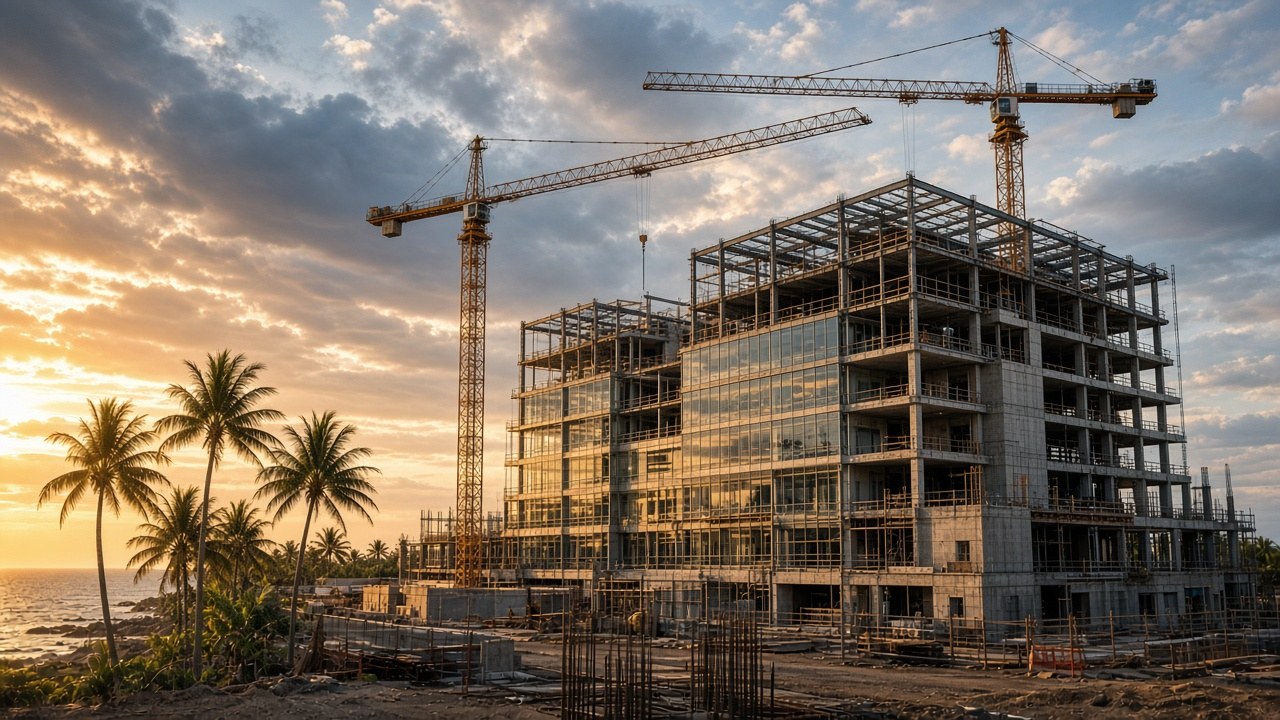 AI-generated illustration of a modern hospital construction site with cranes at golden hour on a tropical island