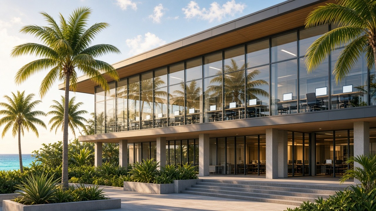 AI-generated illustration of a modern Caribbean education and technology campus in warm sunlight