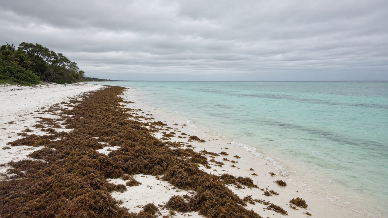 AI-generated illustration of a tropical beach covered with thick piles of brown seaweed under an overcast sky