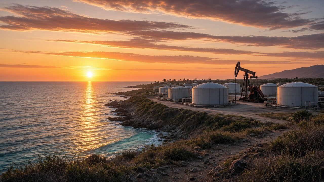 AI-generated illustration of coastal oil and energy infrastructure by the sea at sunset